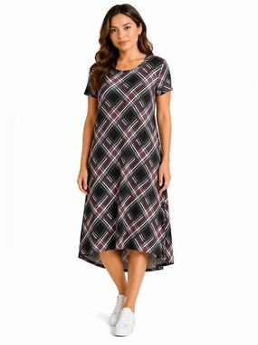 LuLaRoe Carly Plaid Dress in Black, Gray & Pink